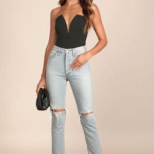 Lulus Babe Alert Black Notched Strapless Bodysuit - Size S